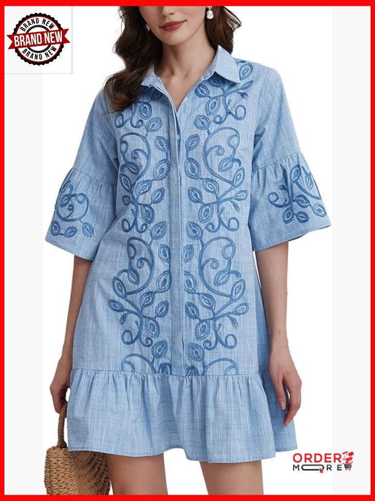 Women's Embroidered Floral Button Down Shift Mini Dress With Pockets